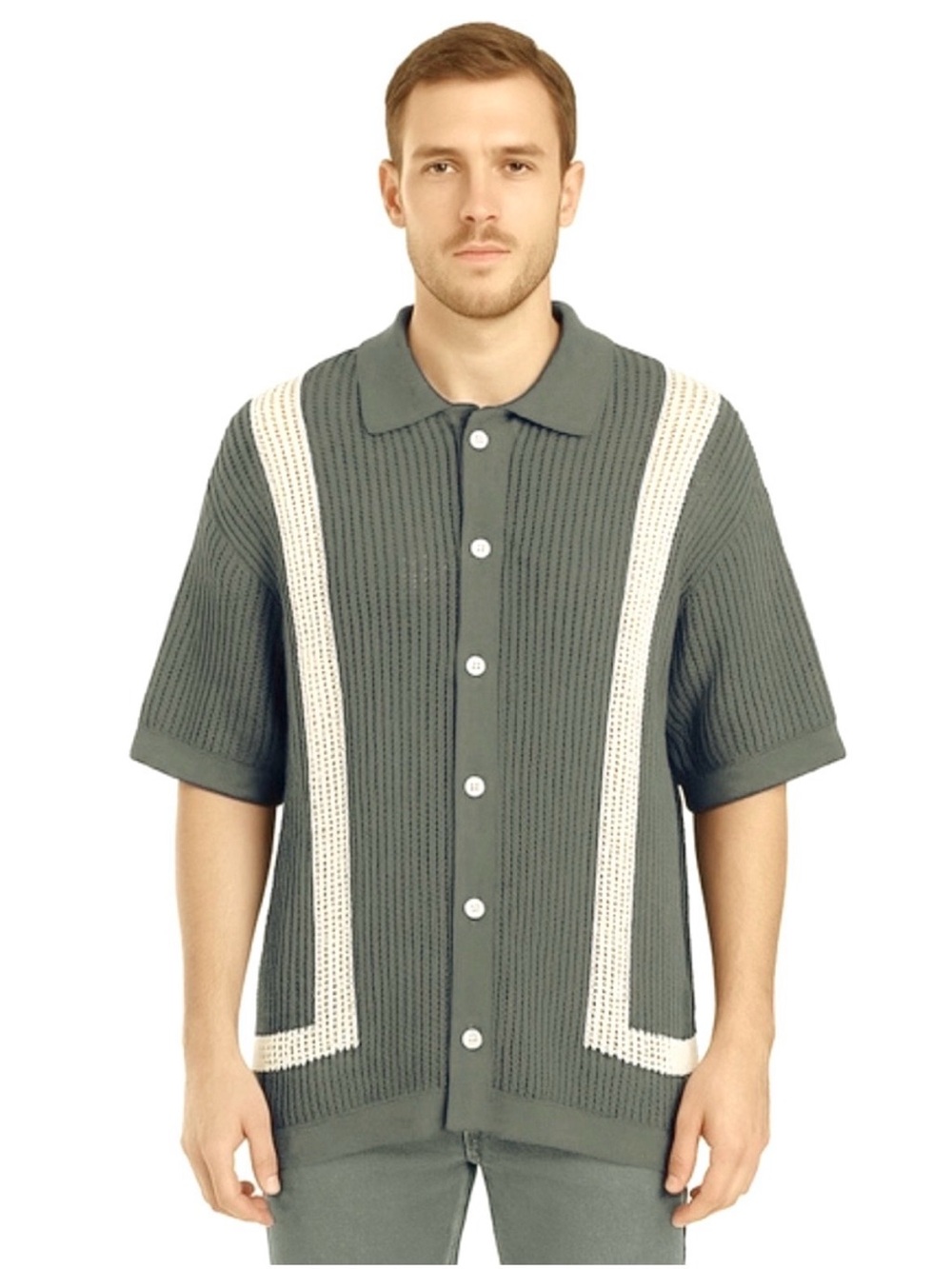 Massive Luxury Edition Vintage Style Crochet Knit Button Up Top Taupe & White
